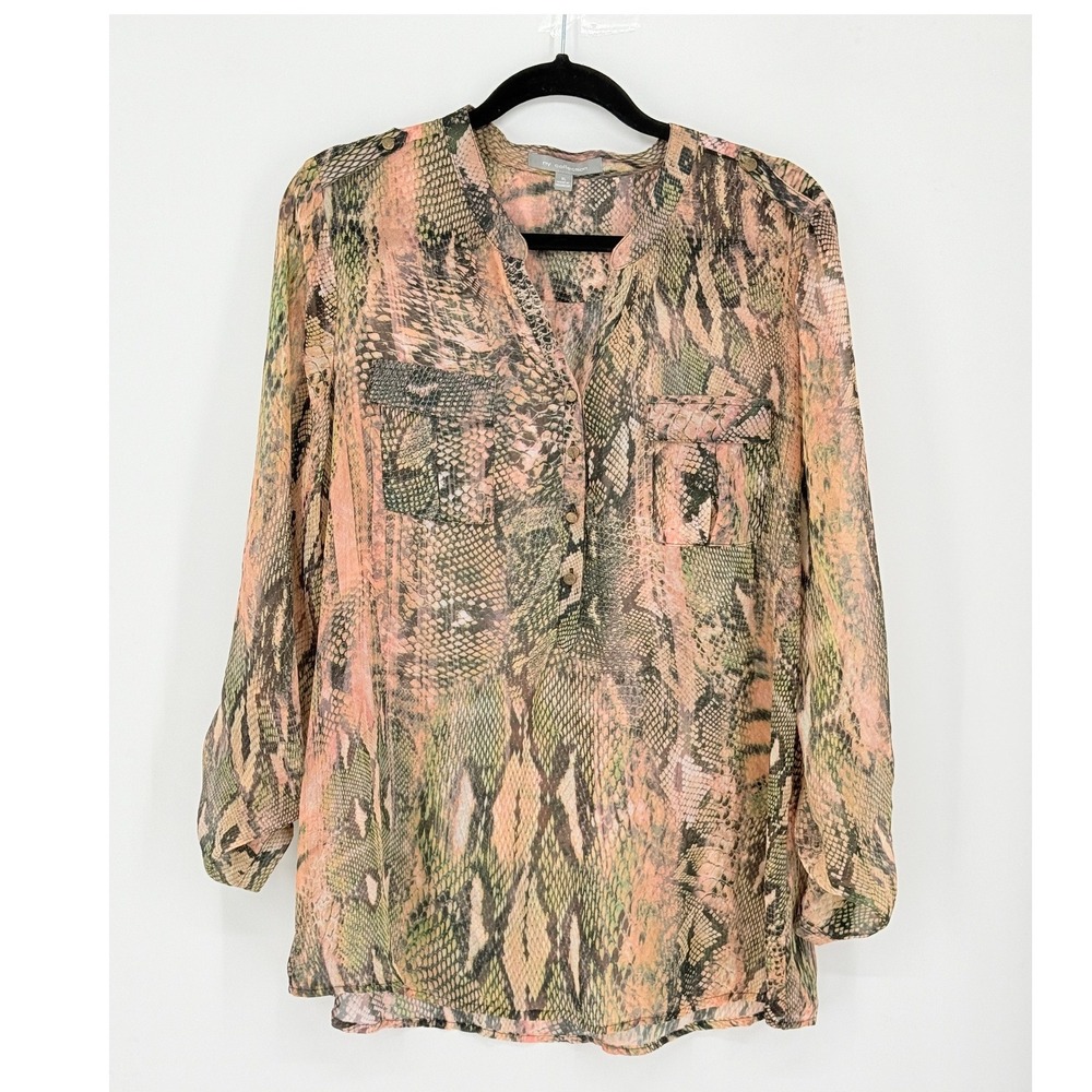Womens Snakeskin Print Sheer Top Blouse Pink Green Western Chic XL Indie Sleaze
